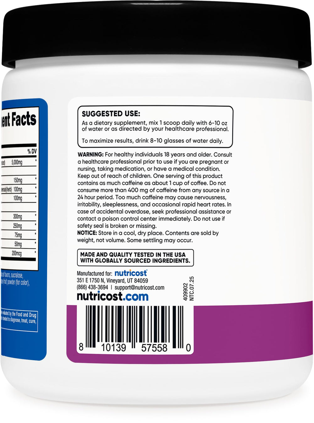Nutricost Creatine Energy grape serving scoop demonstrates convenient daily dose.