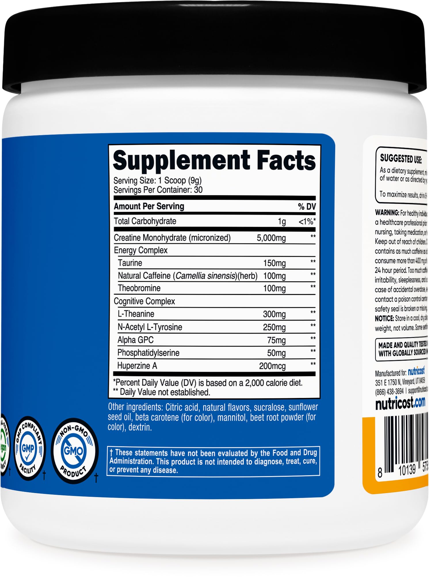 Nutricost Creatine + Energy pack shot communicates 30 servings per container