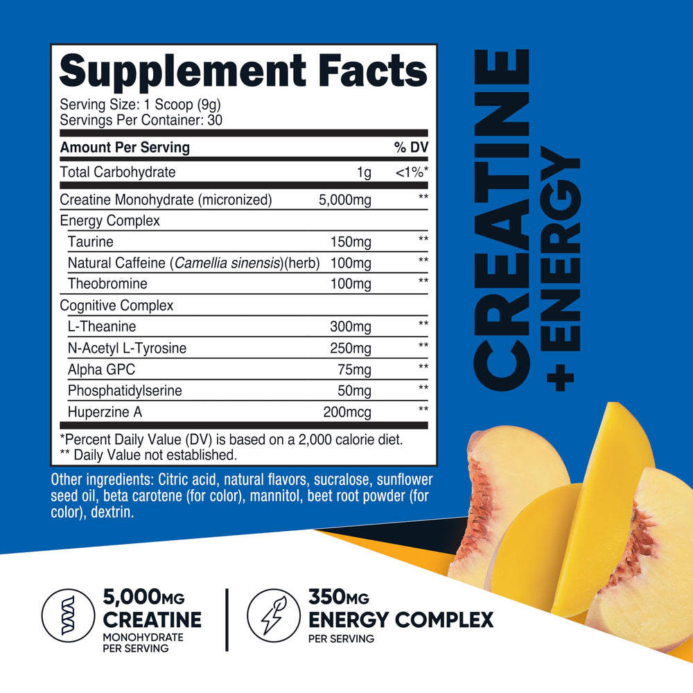 Nutricost Creatine + Energy peach mango pour demonstrates smooth mixability for on-the-go dosing