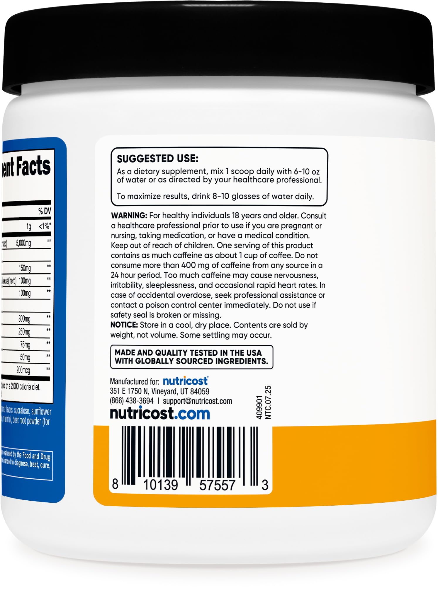 Nutricost Creatine + Energy scoop shows precise 5,000mg per serving for consistency