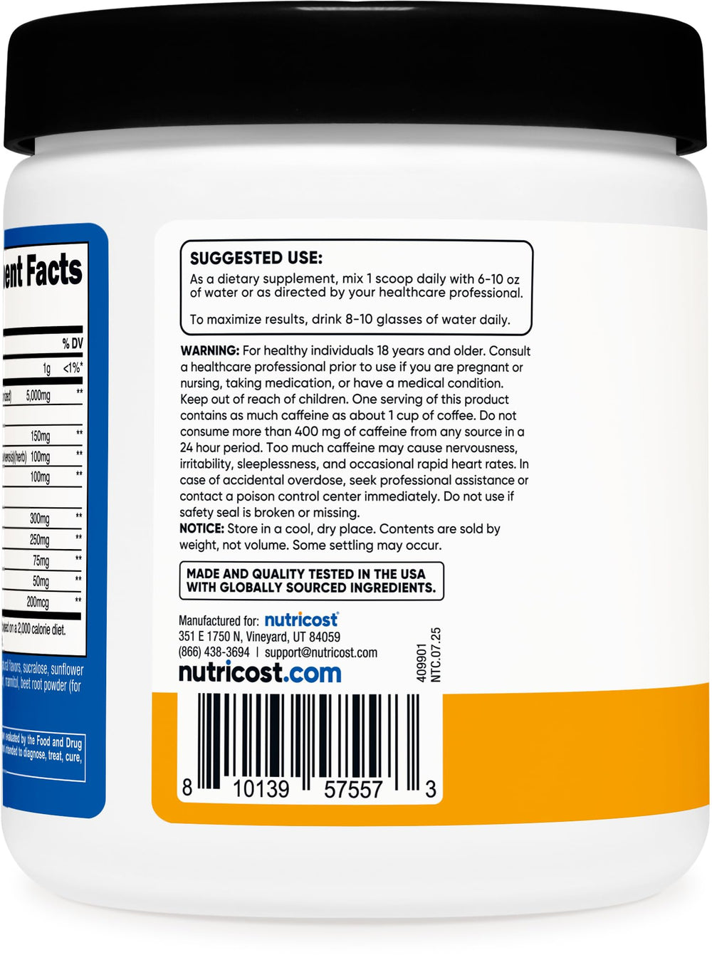 Nutricost Creatine + Energy scoop shows precise 5,000mg per serving for consistency