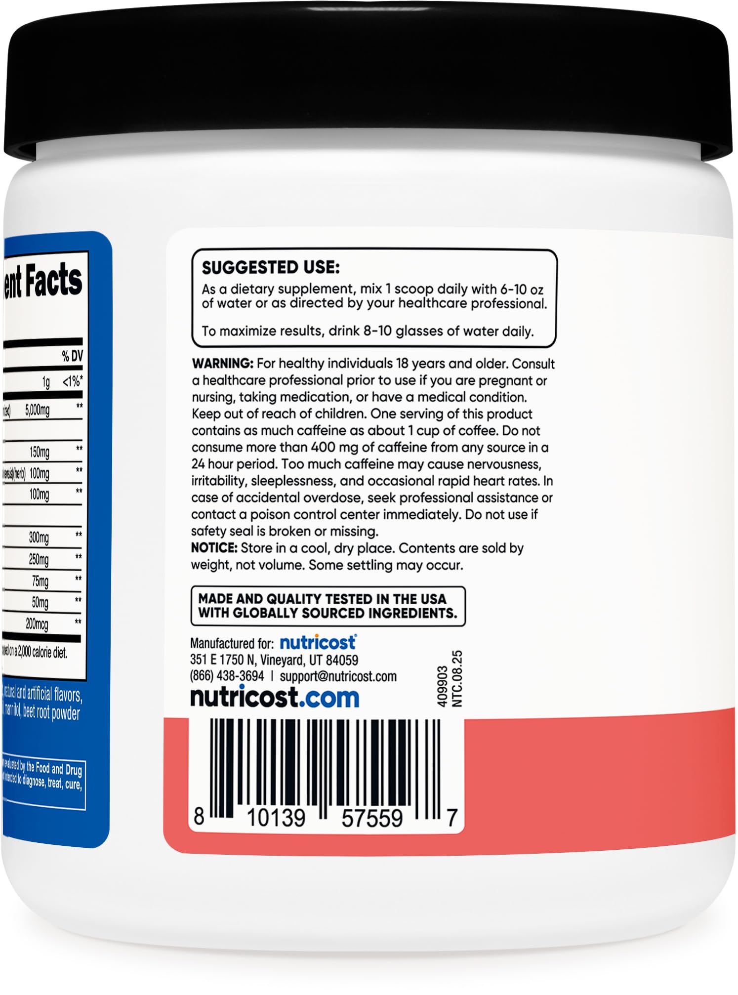 Nutricost Creatine + Energy watermelon label info highlights vegan-friendly, GMO-free formula