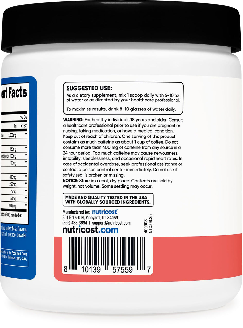 Nutricost Creatine + Energy watermelon label info highlights vegan-friendly, GMO-free formula