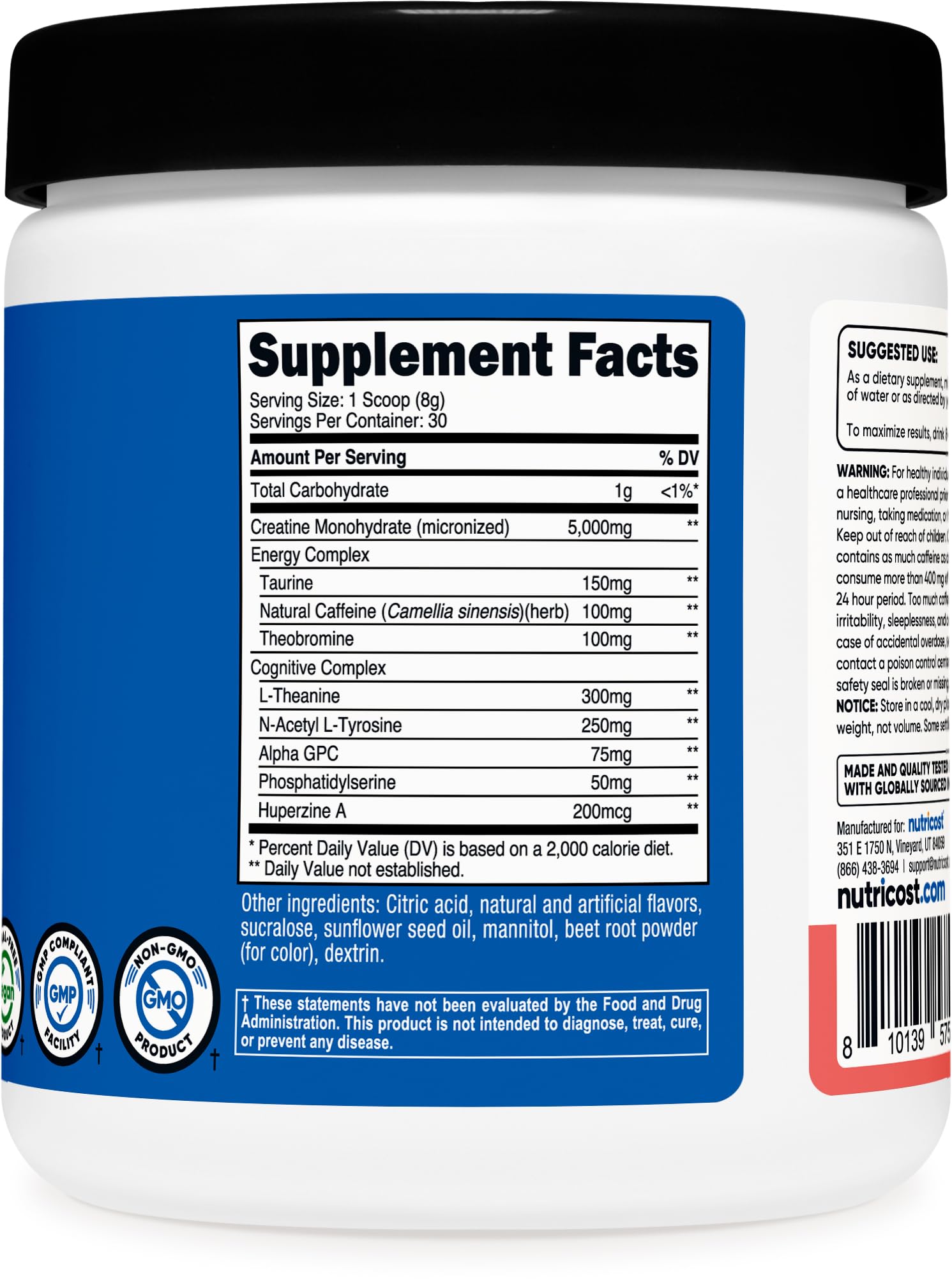 Nutricost Creatine + Energy watermelon tub closeup shows quality GMP-approved production