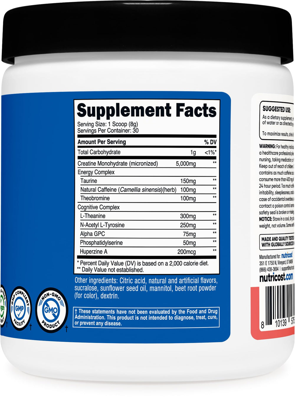 Nutricost Creatine + Energy watermelon tub closeup shows quality GMP-approved production