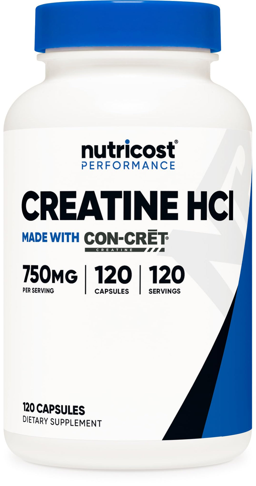 Nutricost Creatine HCl bottle front supports consistent workouts with 750 mg per capsule.