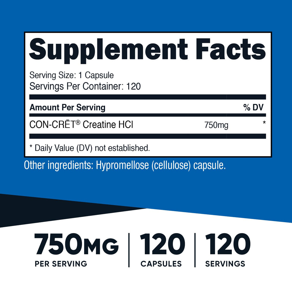 Nutricost Creatine HCl capsules closeup highlights compact gluten-free supplement for daily use.