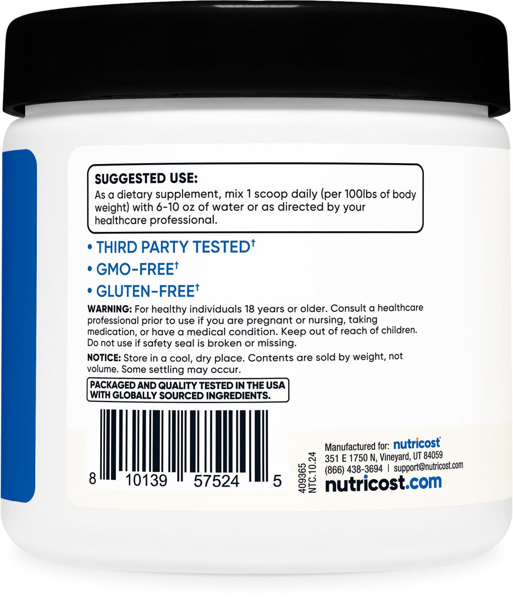 Nutricost Creatine HCl powder texture closeup reveals unflavored powder ready to mix