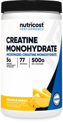 Nutricost Creatine Monohydrate Pineapple Mango bottle ready for post-workout supplementation.