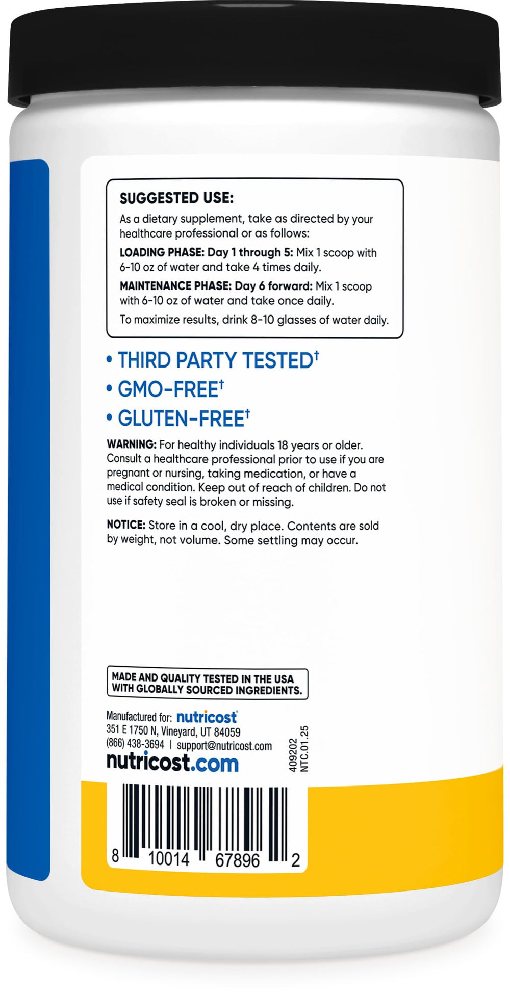 Nutricost Creatine Monohydrate Pineapple Mango label highlights NSF/GMP quality.