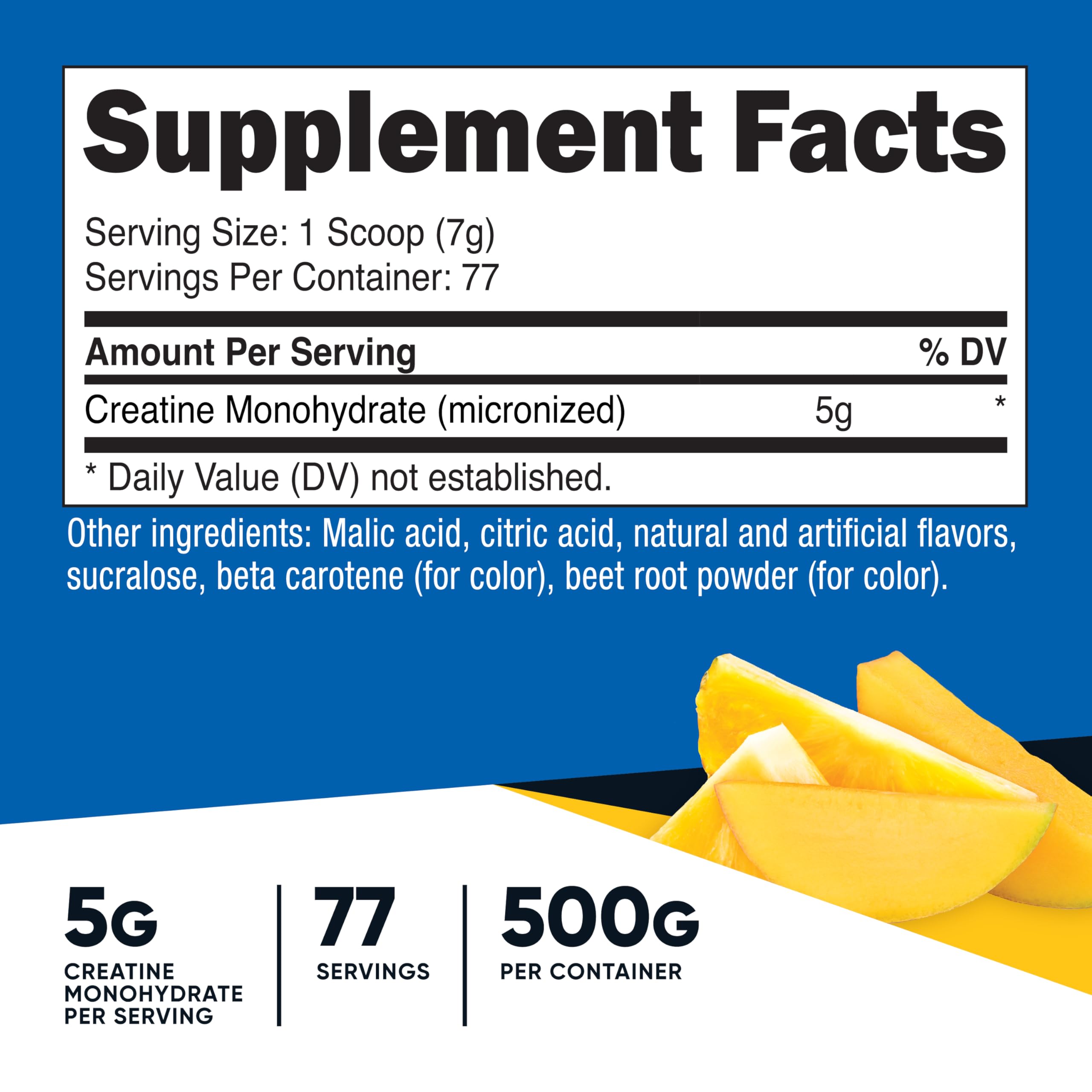 Nutricost Creatine Monohydrate Pineapple Mango scoop shows convenient 5 g dosing for workouts.
