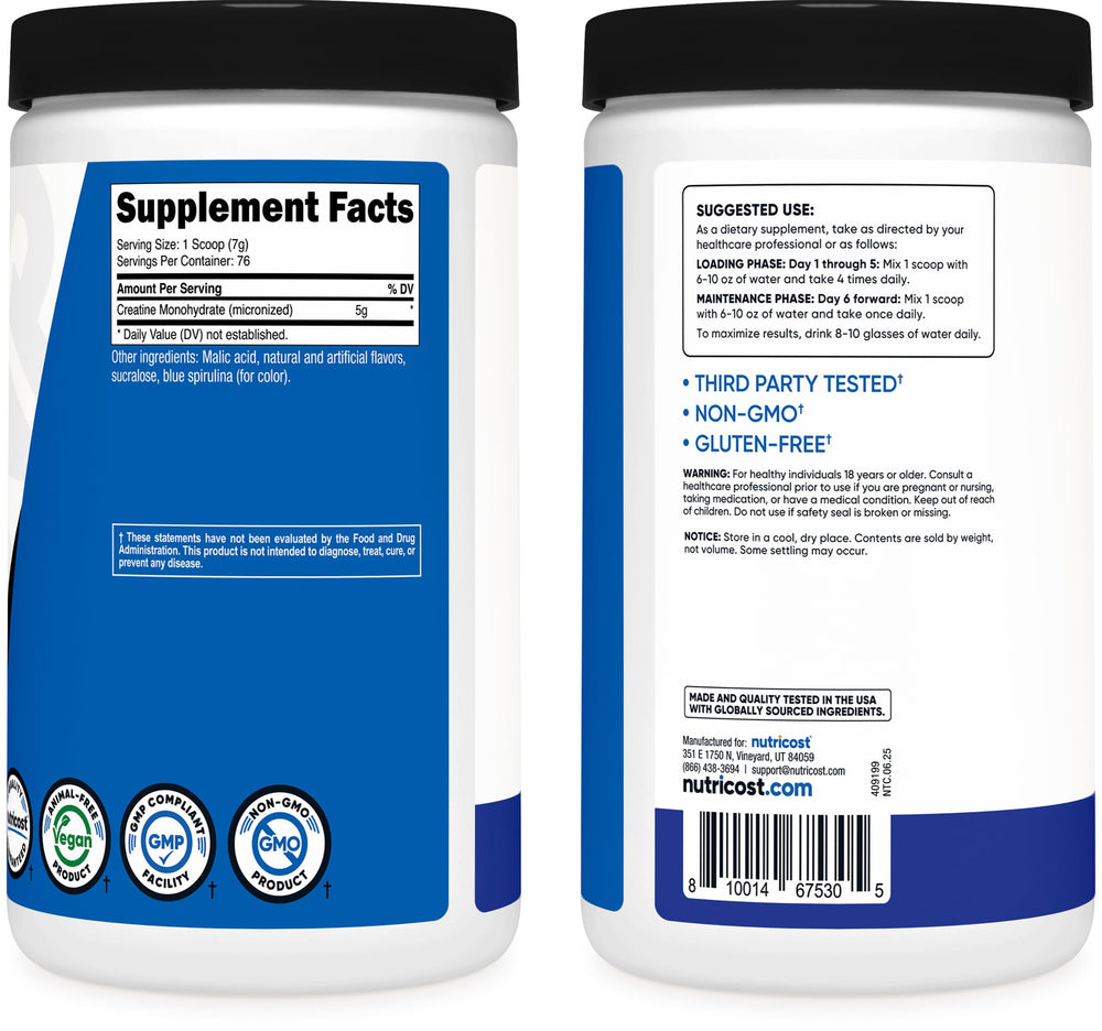 Nutricost blue raspberry powder close-up showing fine texture