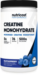 Nutricost creatine monohydrate tub with blue raspberry flavor ready to mix