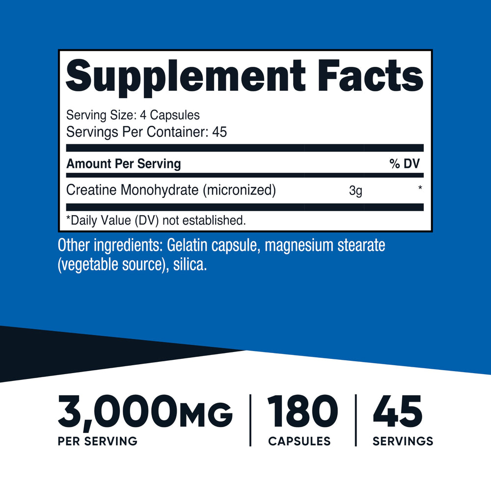 Nutricost Creatine Monohydrate capsules close-up — consistent capsule size for reliable dosing.