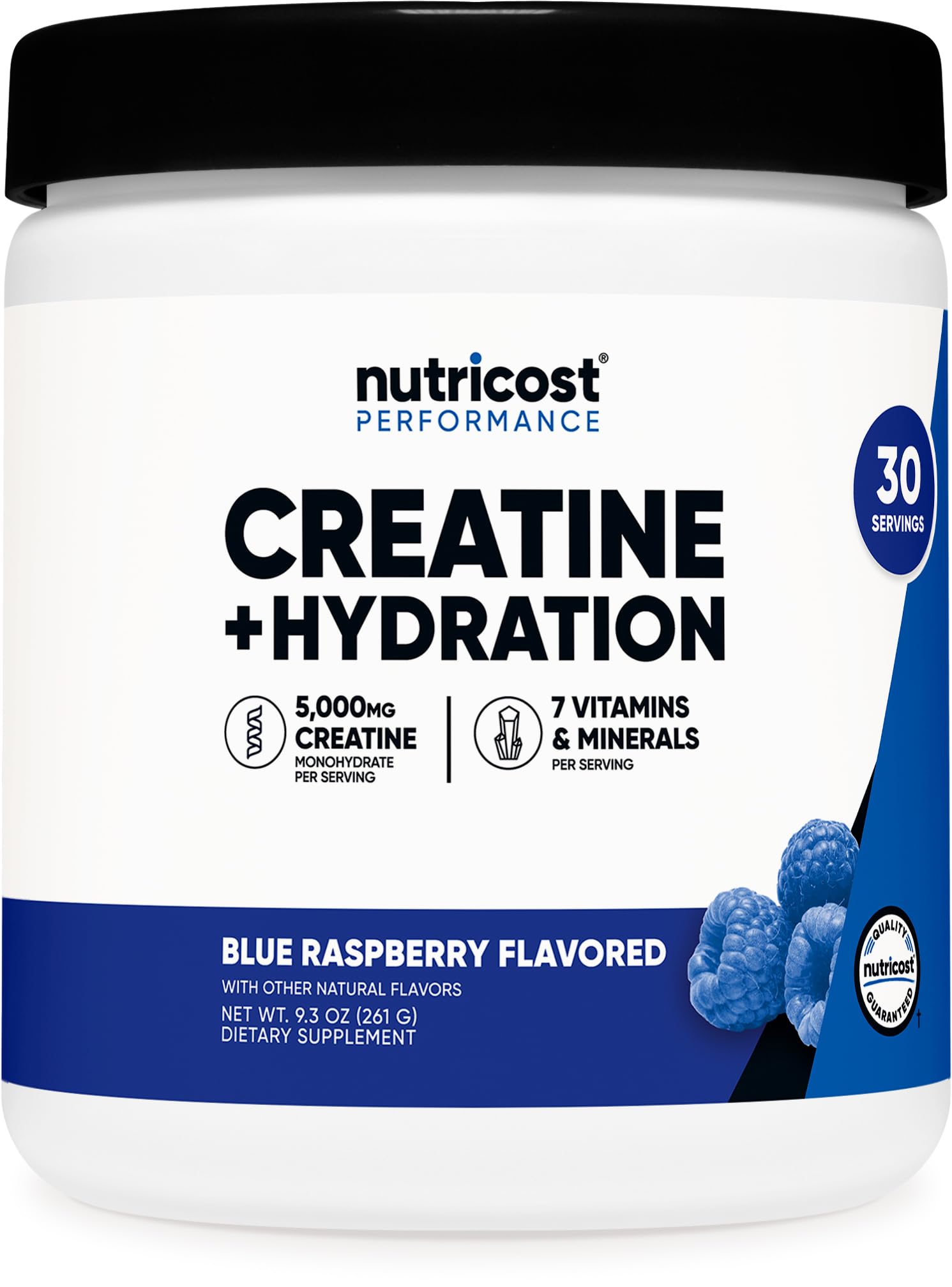 Nutricost Creatine Monohydrate bottle in blue raspberry flavor, designed for convenient workouts.