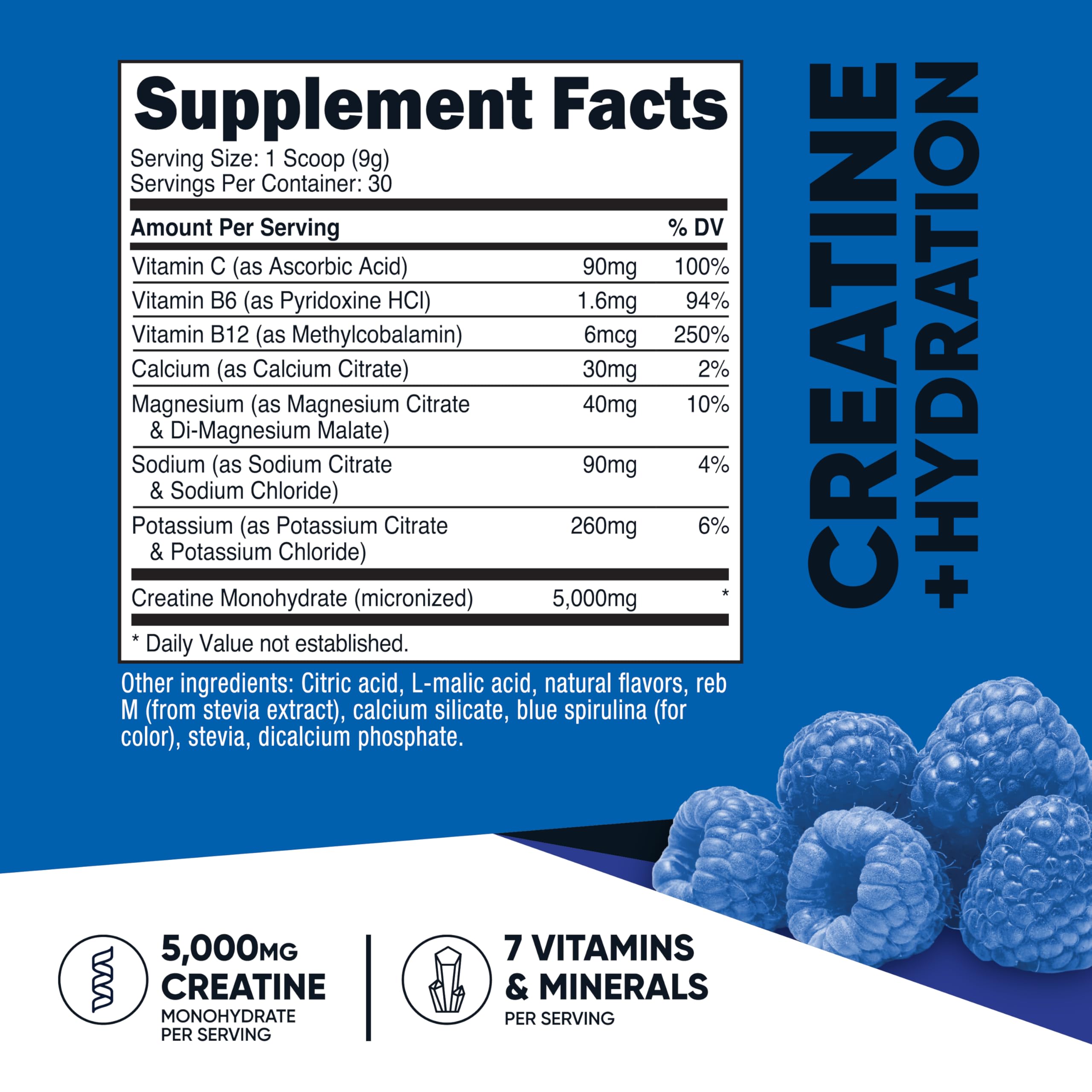 Nutricost blue raspberry powder with measuring scoop, highlighting 5000mg per serving.