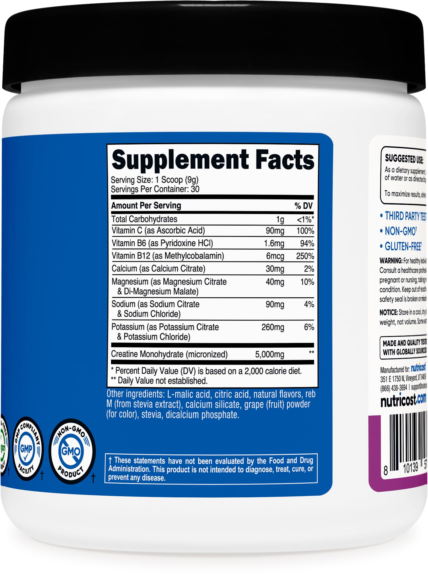 Grape-flavored Nutricost creatine supports vegan, gluten-free hydration needs.
