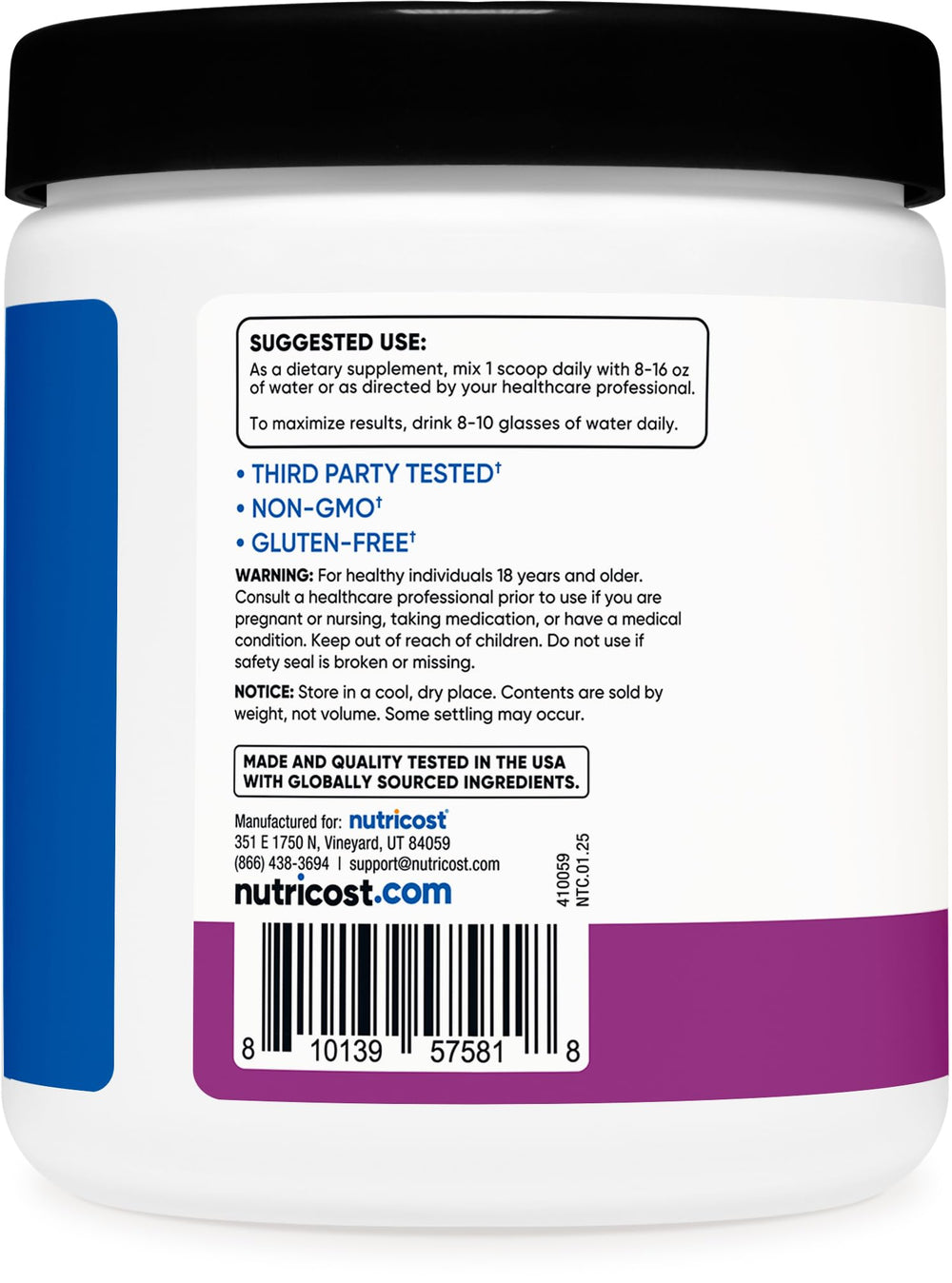 Nutricost label close-up highlights 5,000 mg per serving.