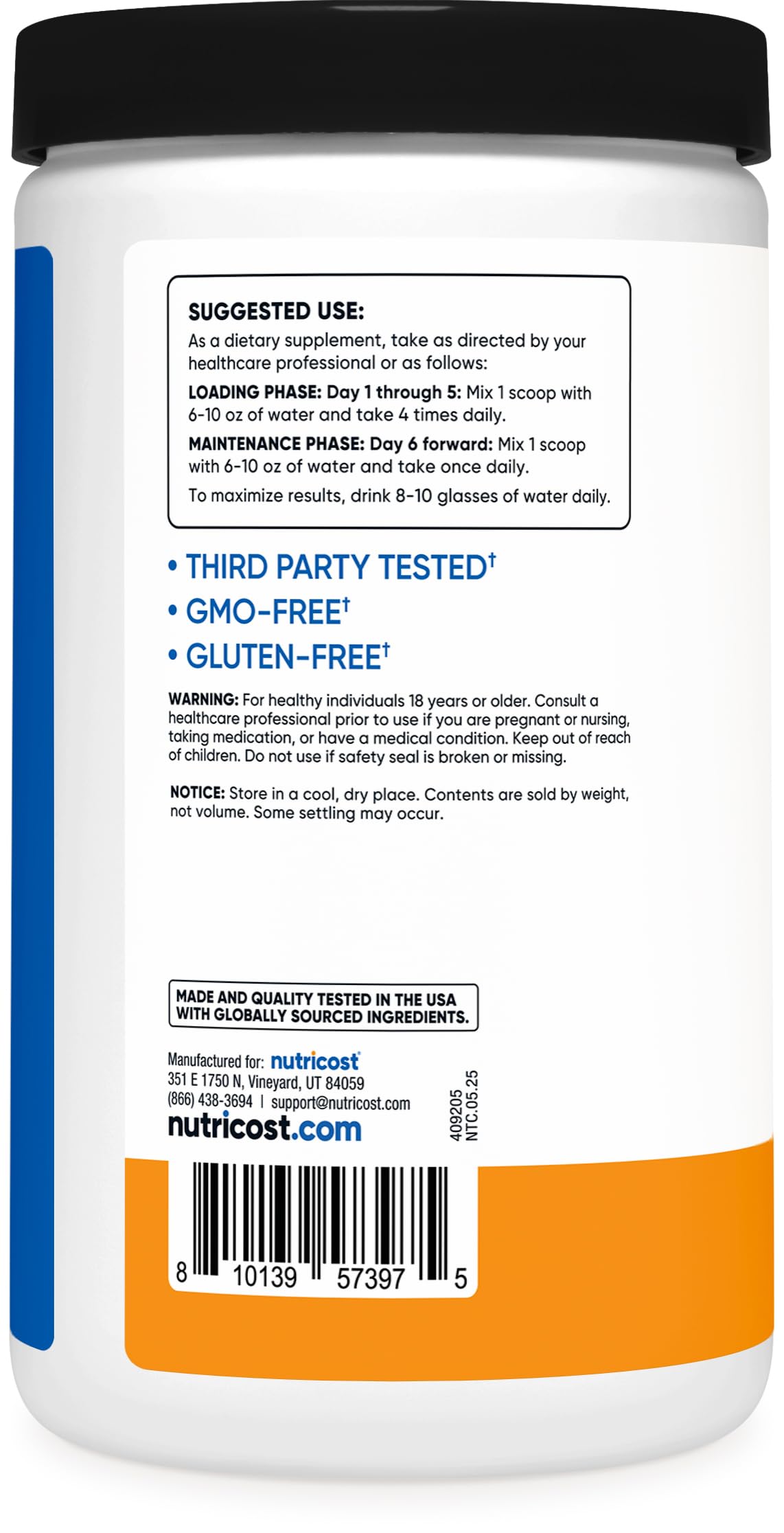 Nutricost label close-up highlighting vegan, gluten-free, non-GMO details.