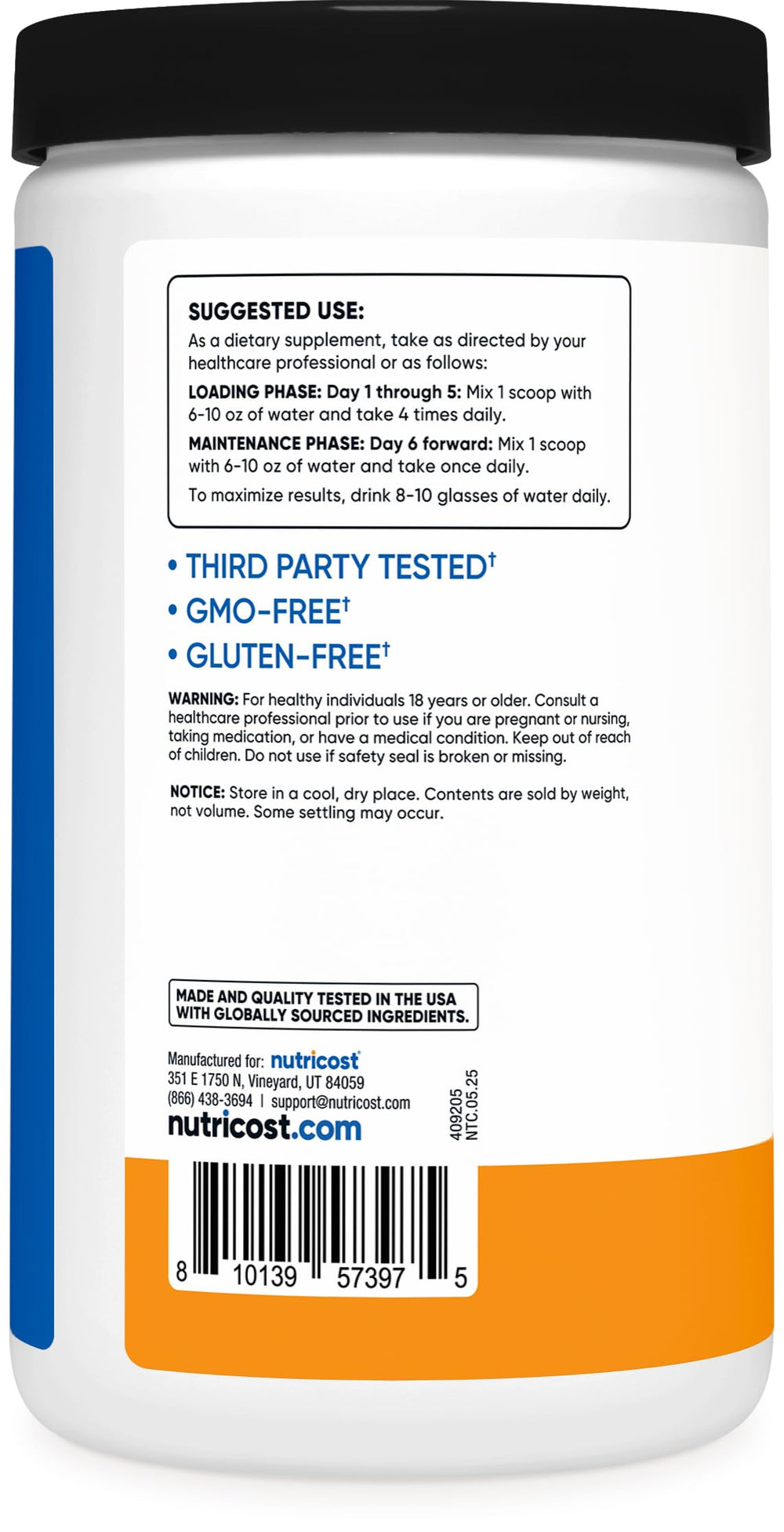 Nutricost label close-up highlighting vegan, gluten-free, non-GMO details.