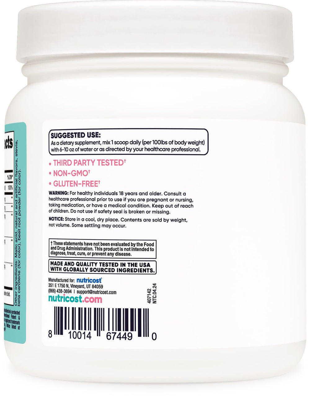 Close-up of Nutricost Peach Mango label highlighting clean ingredients