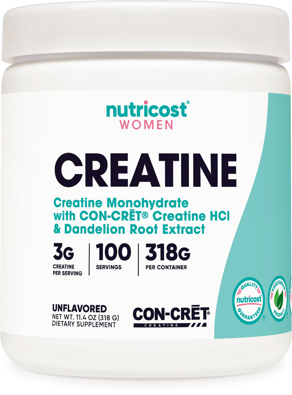 Nutricost Creatine Monohydrate bottle highlighting vegetarian-friendly formula for active lifestyles.