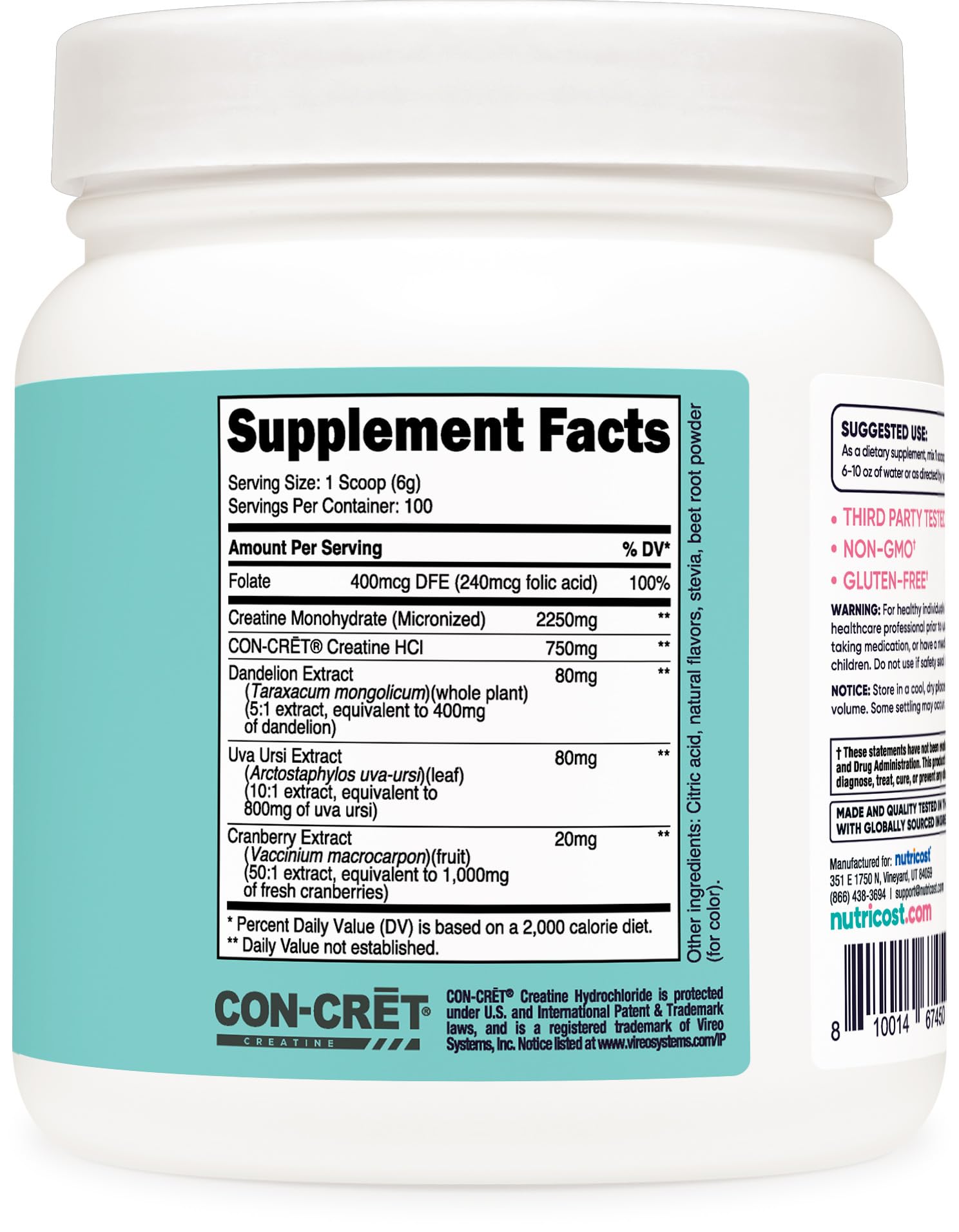 Nutricost Creatine Monohydrate Powder gluten-free label and vegetarian friendly status