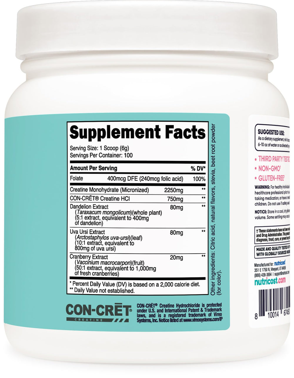 Nutricost Creatine Monohydrate Powder gluten-free label and vegetarian friendly status