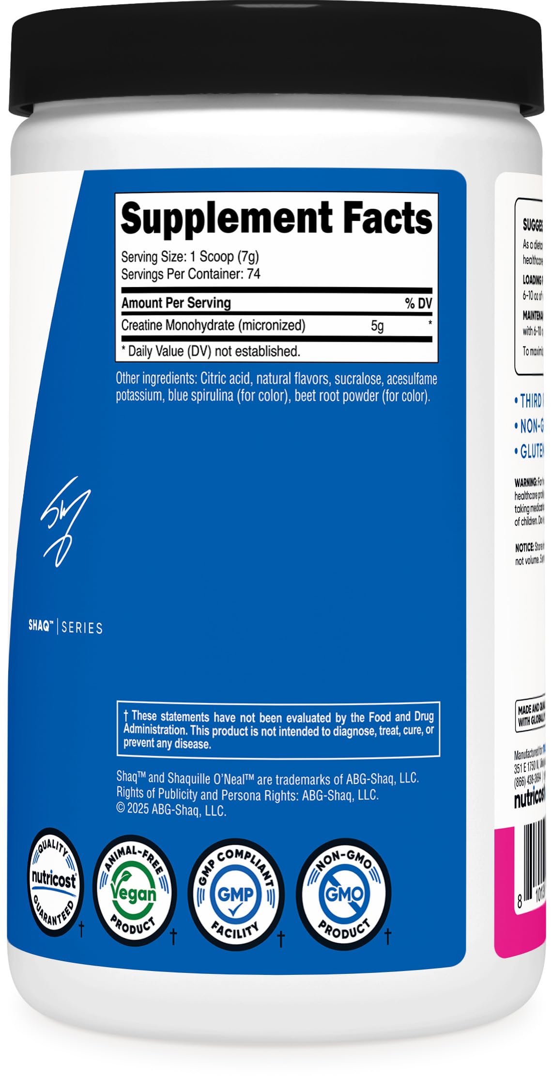 Close-up of Nutricost label highlighting 74 servings and quality certifications