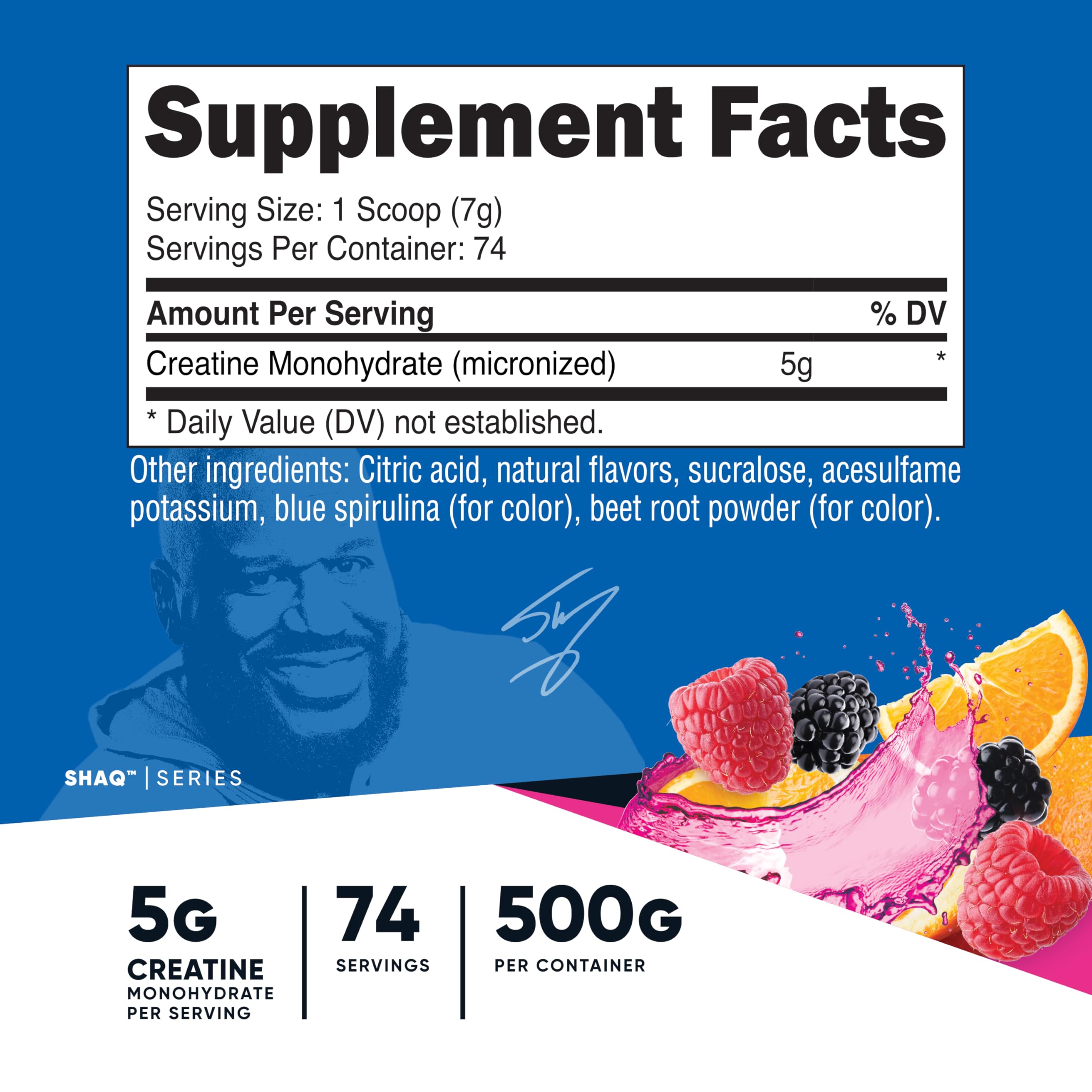 Nutricost creatine scoop beside Shaq’s Berry Blast powder for easy serving and dosing