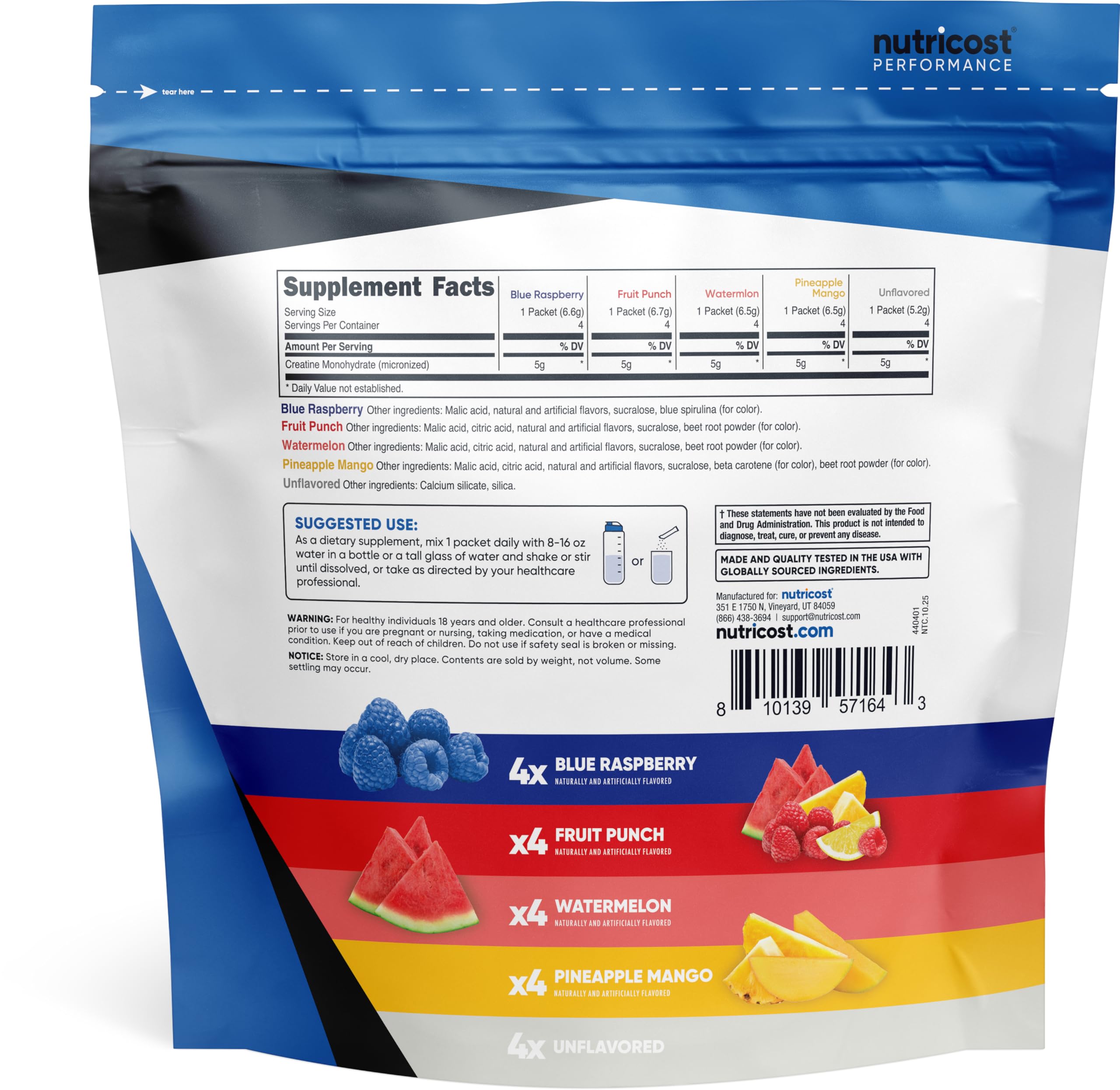 Nutricost Creatine Monohydrate stickpack in unflavored for versatile mixing.