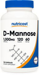 Nutricost D-Mannose bottle close-up showing 1000mg per serving