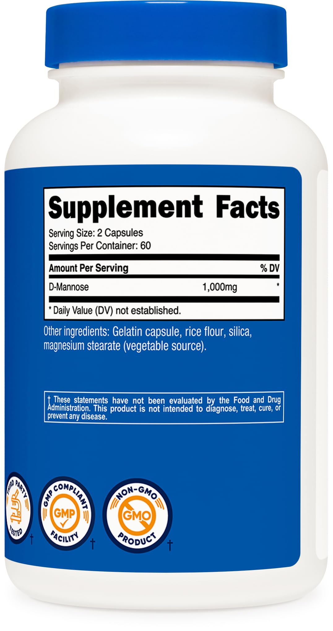 Nutricost D-Mannose packaging box highlighting GMP and non-GMO