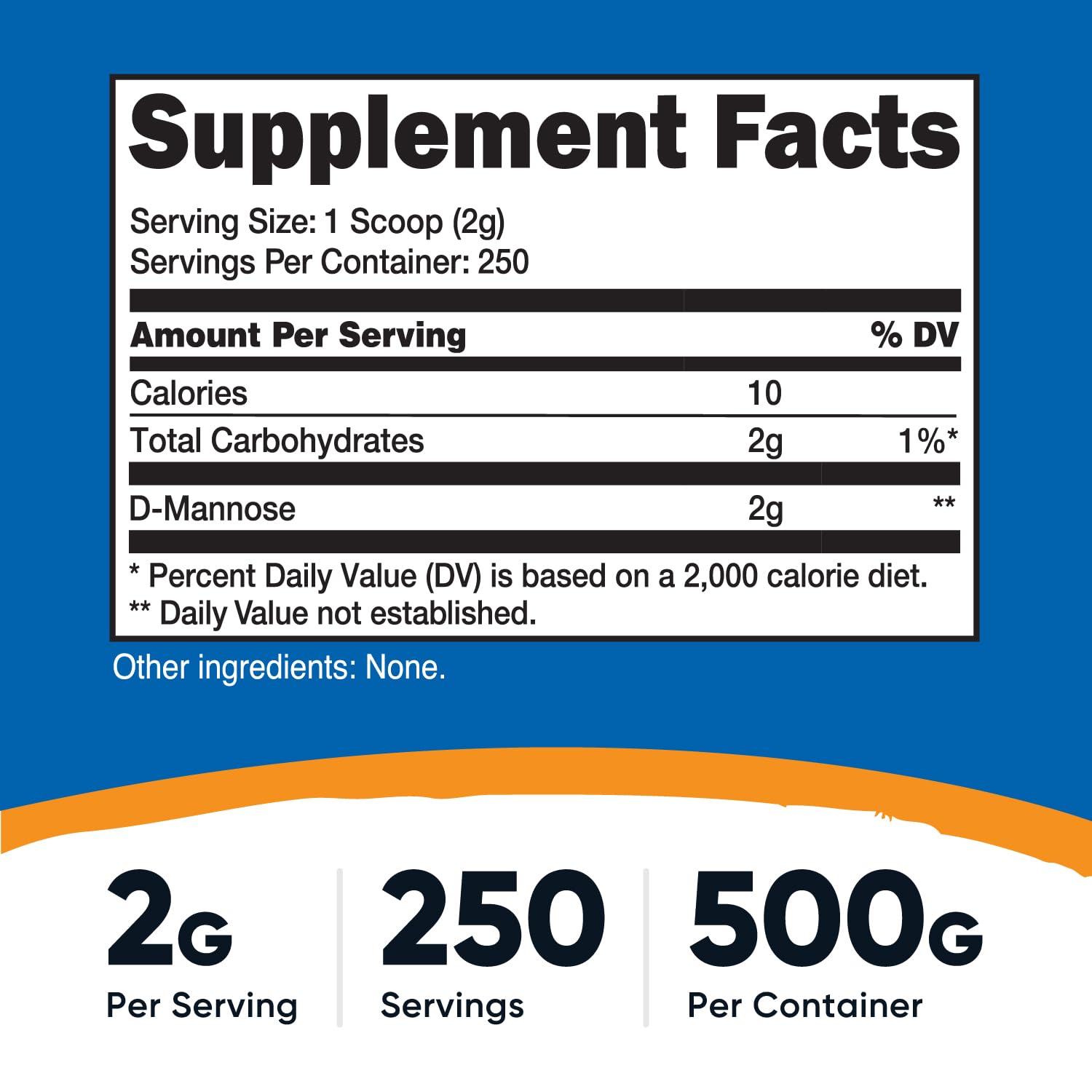 Nutricost D-Mannose powder scoop ready for 250 servings.