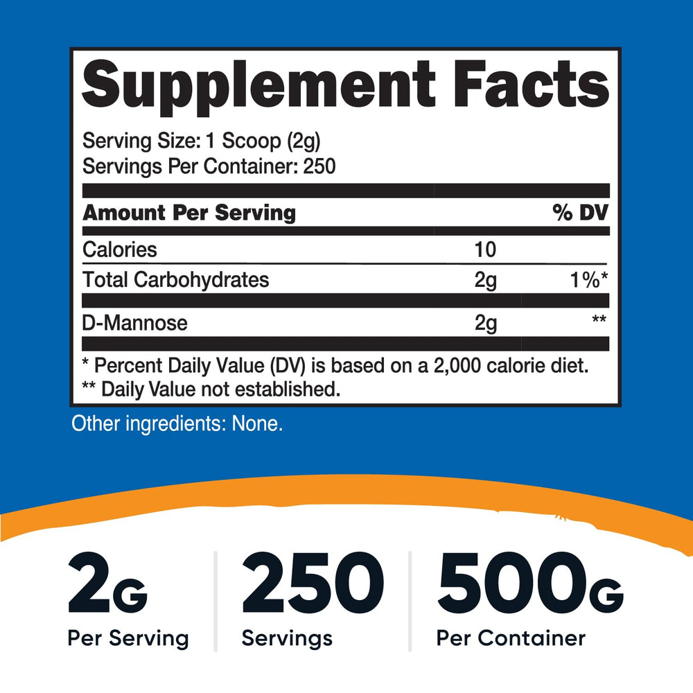 Nutricost D-Mannose powder scoop ready for 250 servings.