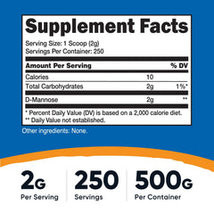 Nutricost D-Mannose powder scoop ready for 250 servings.
