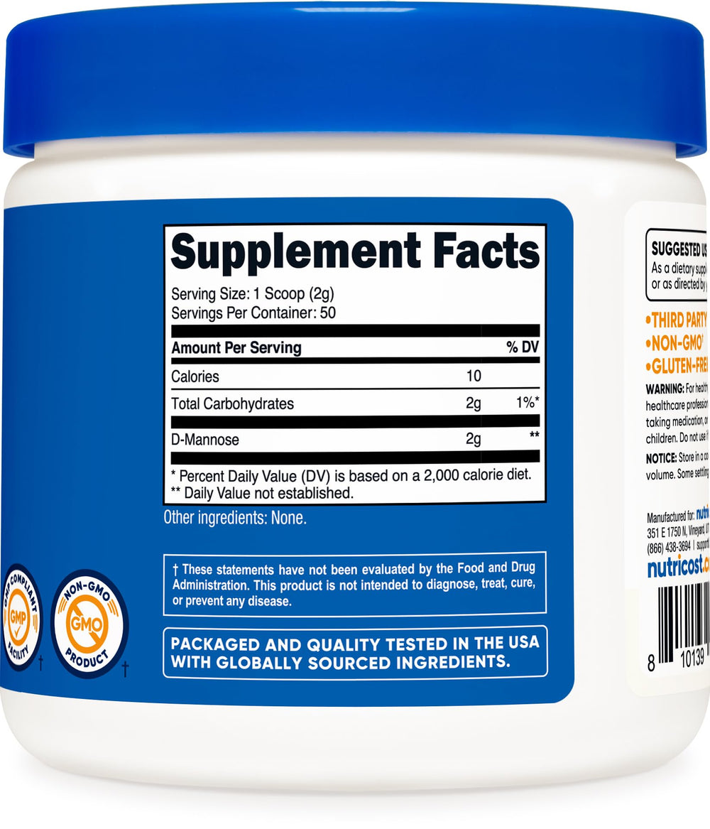 Nutricost D-Mannose powder container highlighting non-GMO and gluten-free formula.