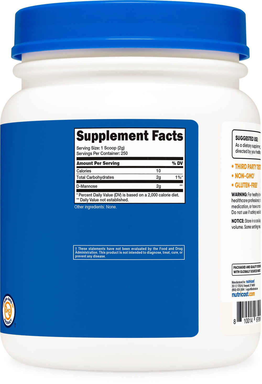 Nutricost D-Mannose powder facility badge signals quality standards.