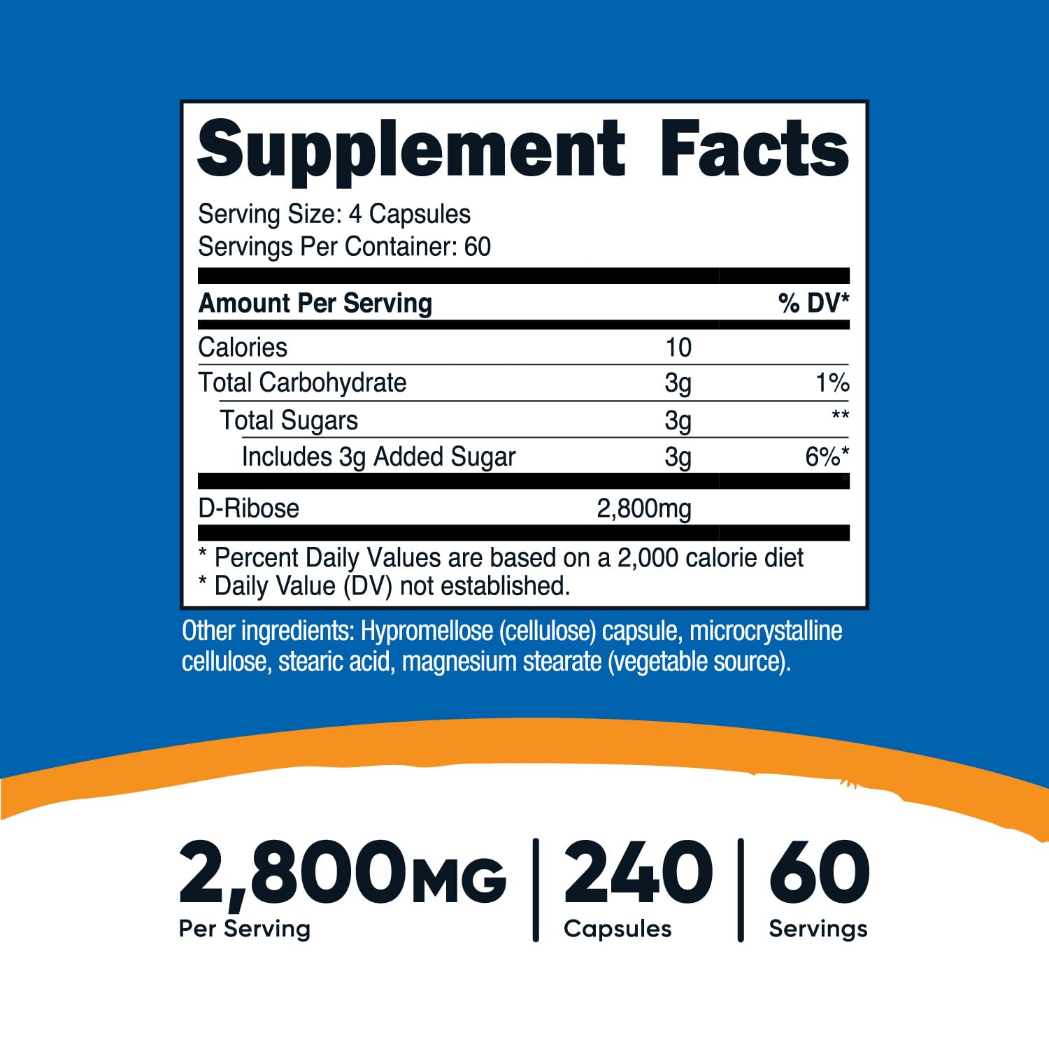 Nutricost D-Ribose bottle label visible; conveys 240-capsule supply for daily use