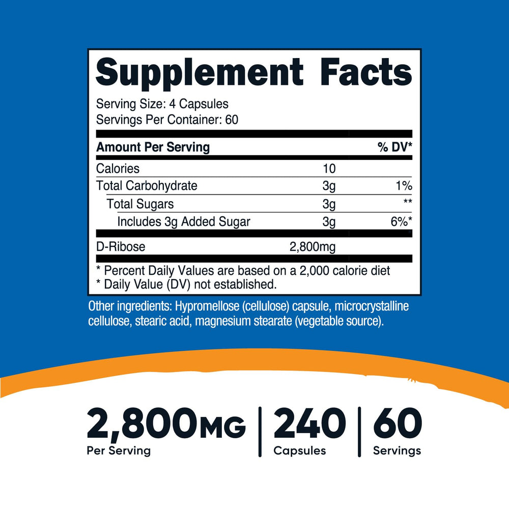 Nutricost D-Ribose bottle label visible; conveys 240-capsule supply for daily use