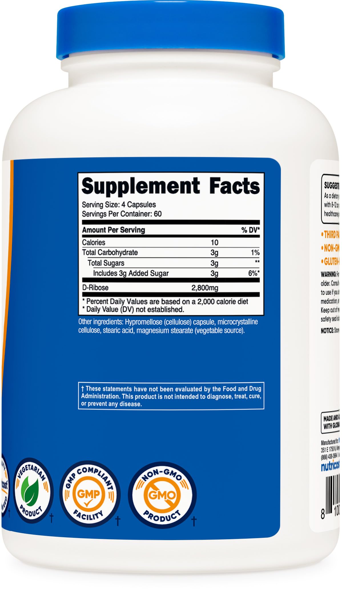 Nutricost D-Ribose packaging with GMP and FDA-registered facility notes ensuring quality assurance