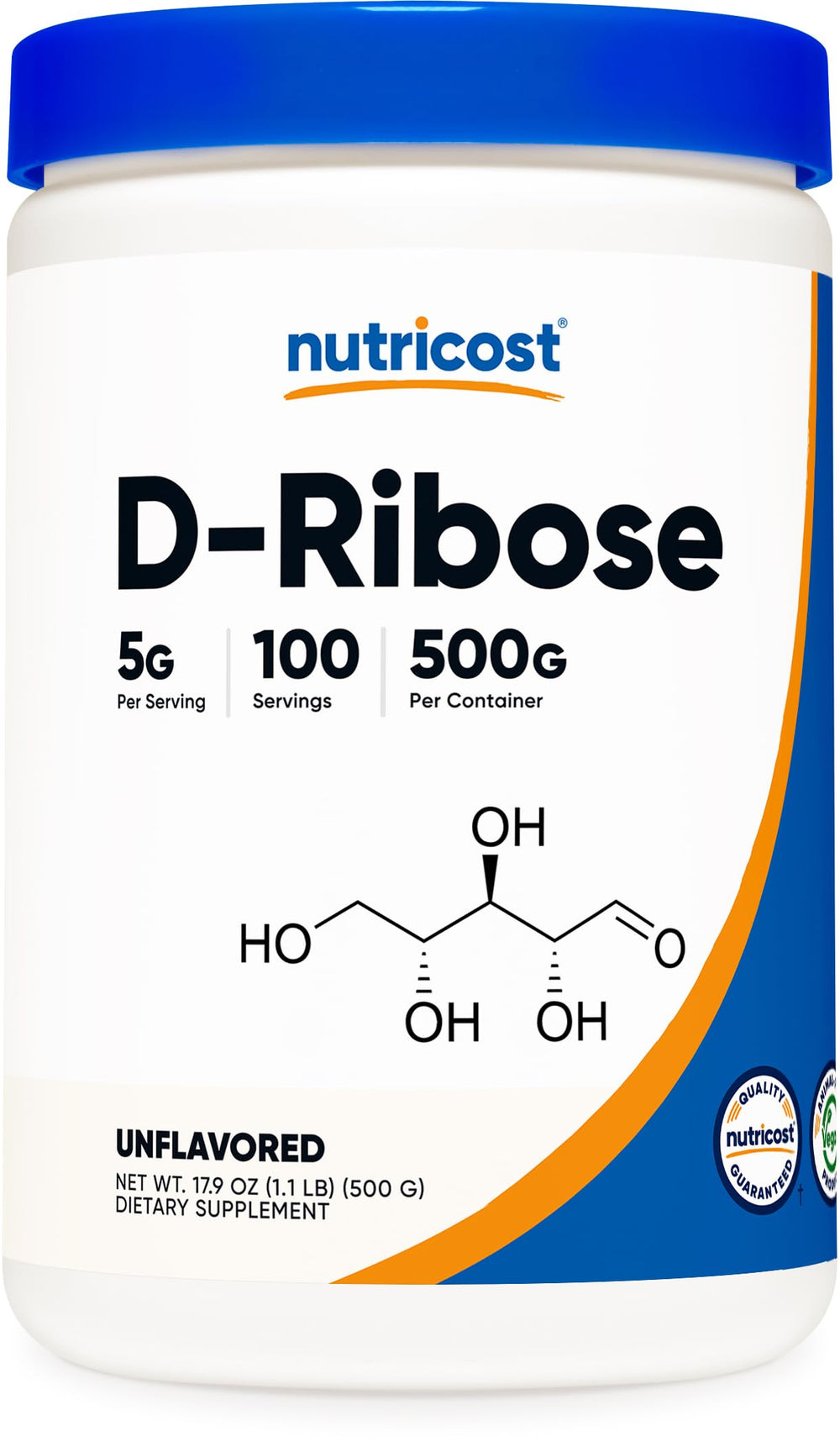 Nutricost D-Ribose powder bottle shows 500 g size for easy dosing.