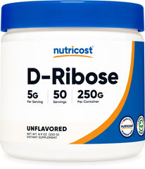 Nutricost D-Ribose powder bottle showing gluten-free, non-GMO formula