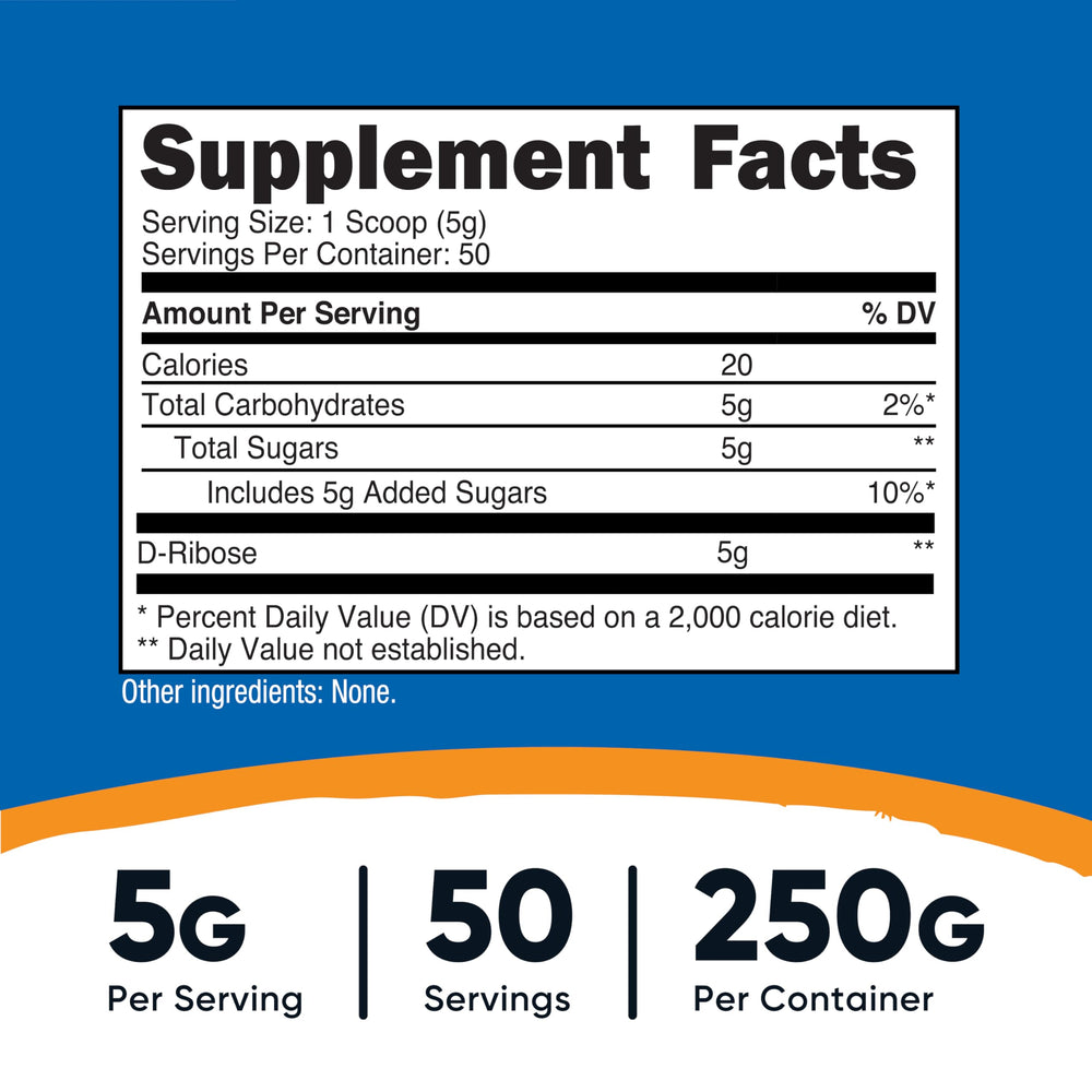 Nutricost D-Ribose powder scoop beside bottle for easy 5 g servings