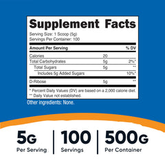 Nutricost D-Ribose serving scoop included for accurate 5 g portions.