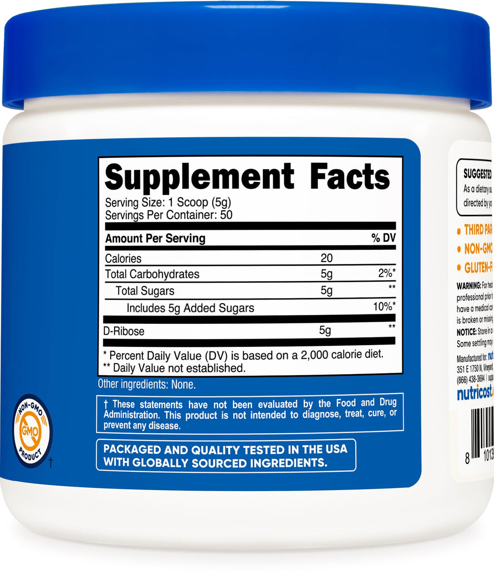 Nutricost D-Ribose powder serving in glass suggests daily use
