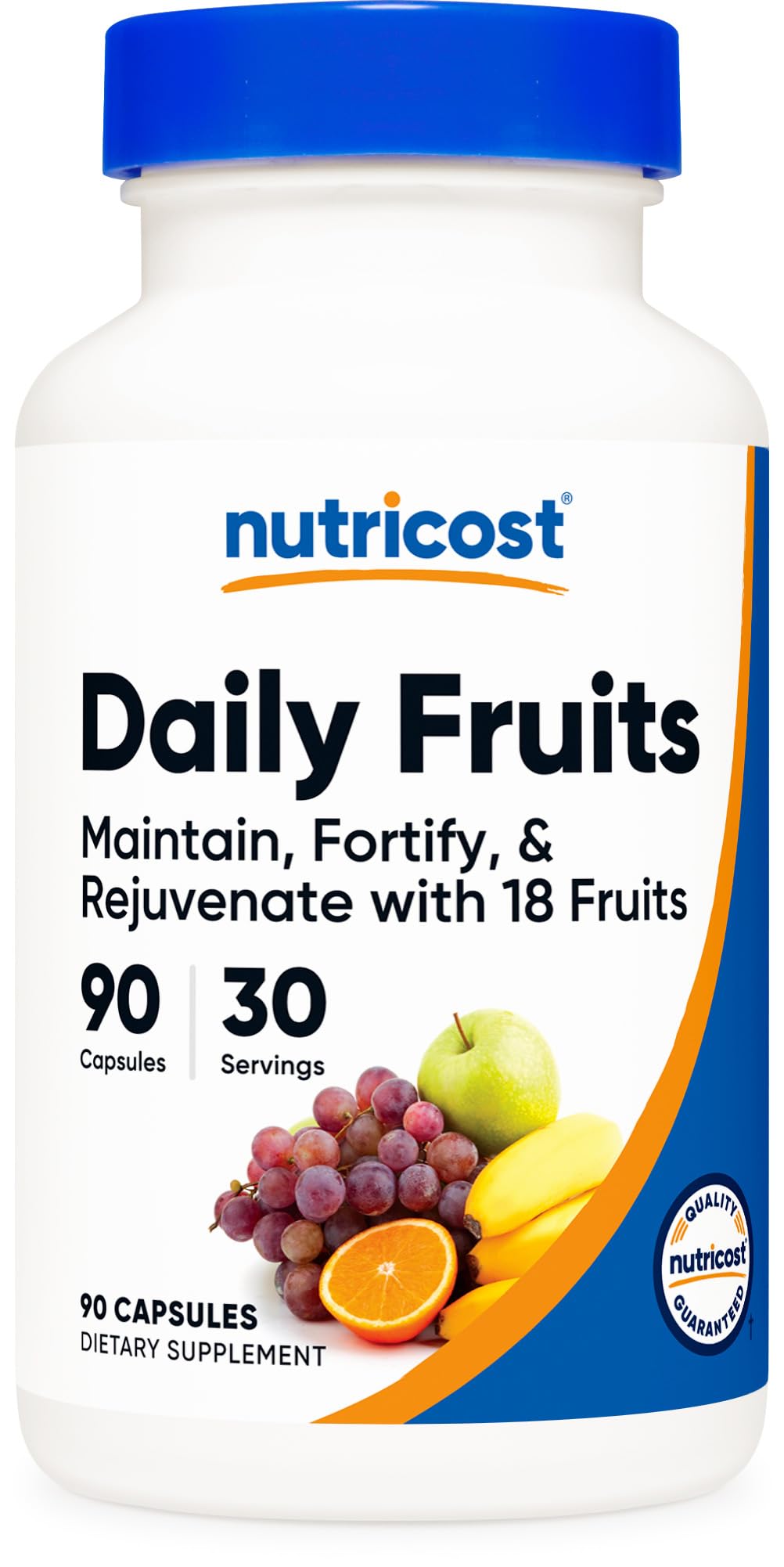 Nutricost Daily Fruits bottle-front showing convenient daily capsule routine.