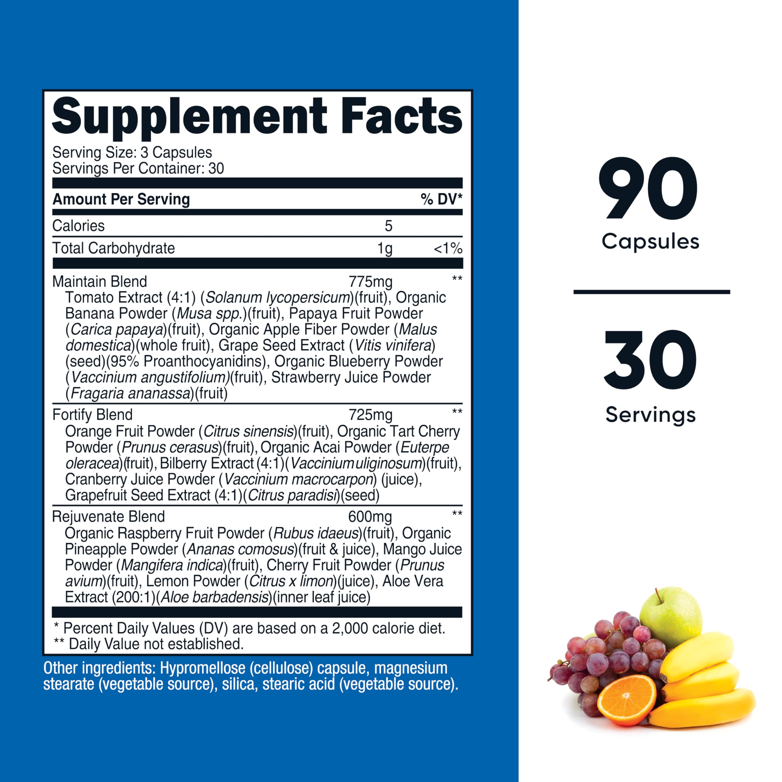 Nutricost Daily Fruits label detail highlighting gluten-free and GMO-free ingredients.