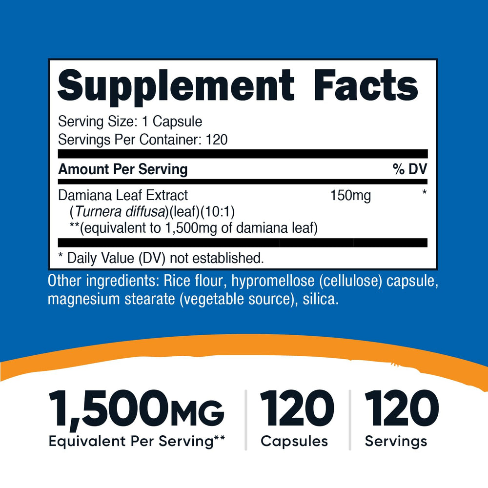 Nutricost Damiana Leaf Capsules side view highlighting vegan formula