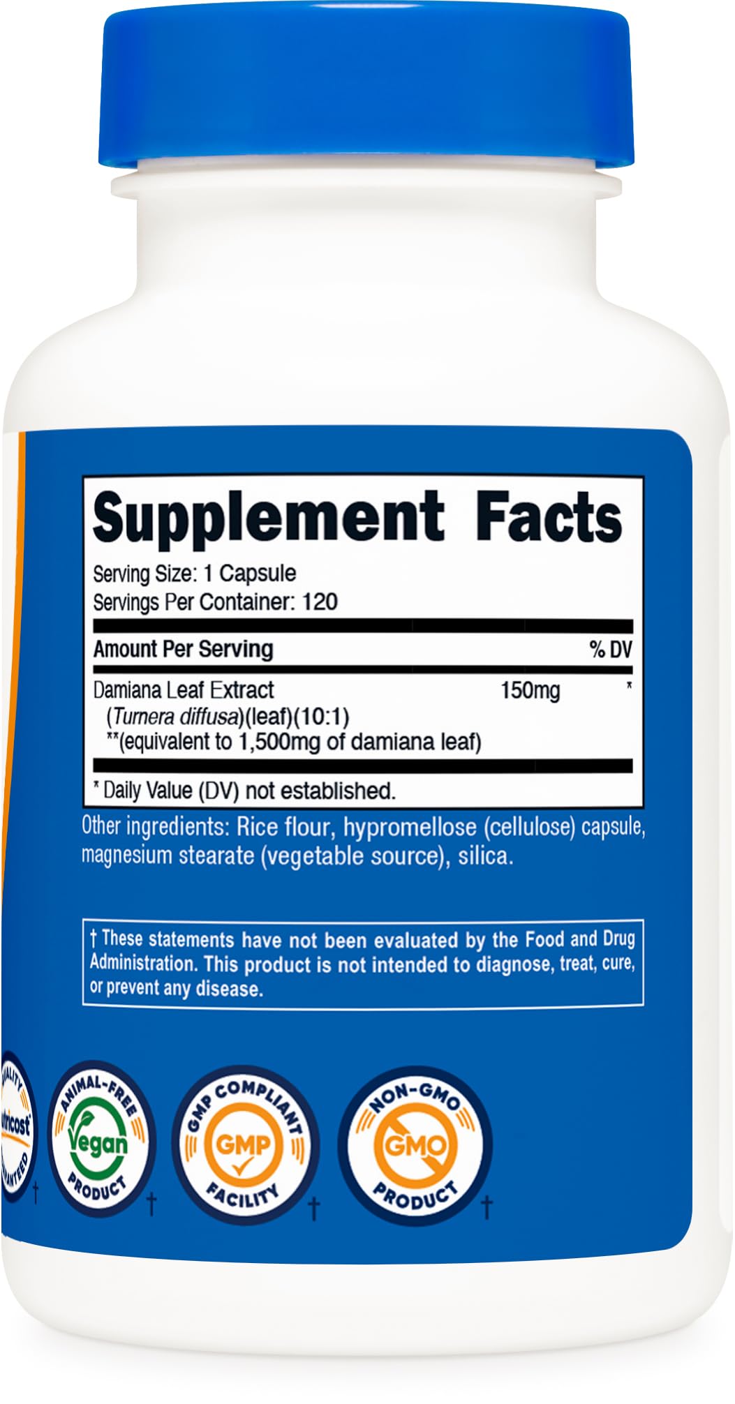 Nutricost Damiana Leaf Capsules vegan GMO-free indicators on label
